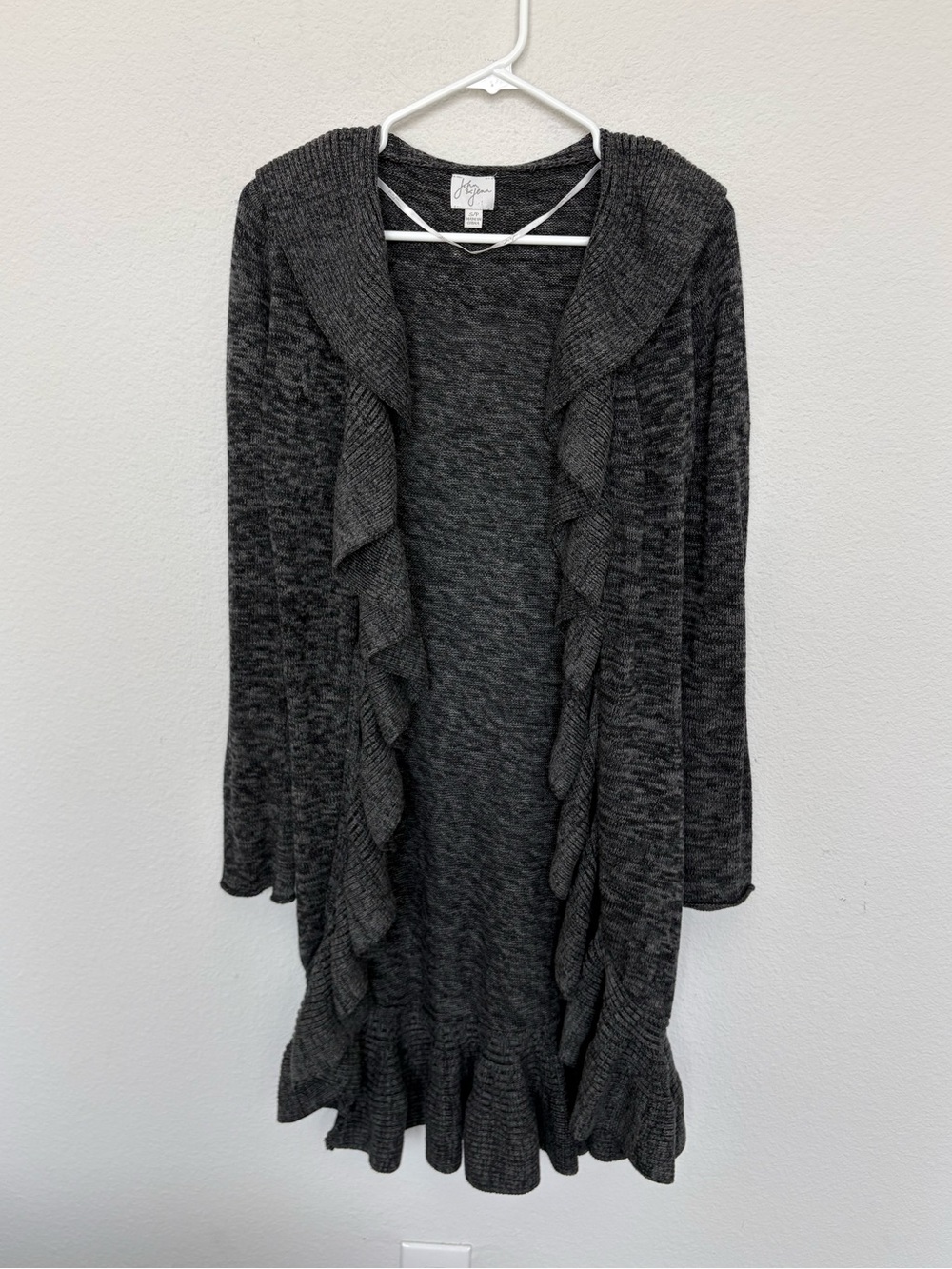 John & Jenn Charcoal Heather Gray Knit Ruffle Longline Duster Cardigan Small